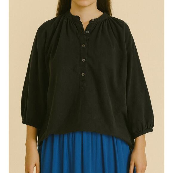 Uniqlo Top blouse women's black linen blend pop over top 3/4 sleeve SZ XXL - Picture 1 of 8